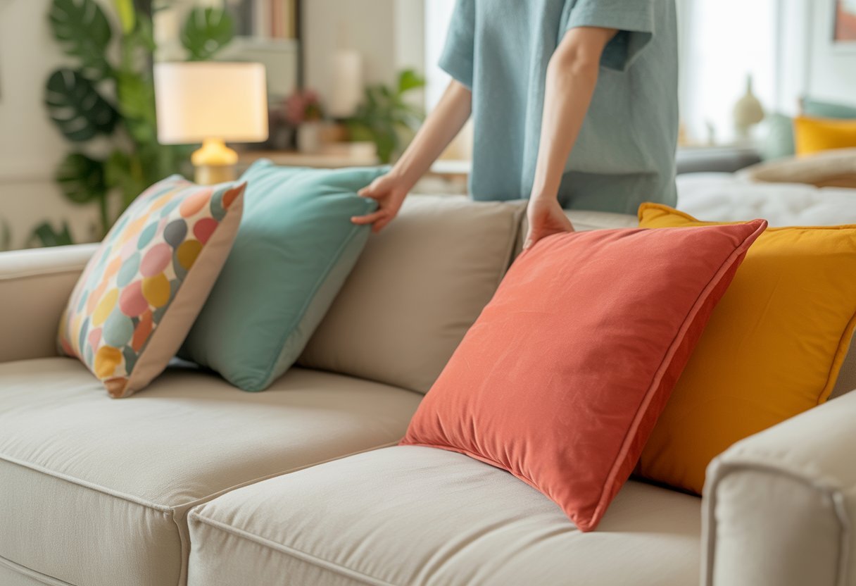 Pessoa trocando capas de almofadas entre uma sala de estar e um quarto para variar as cores e estampas.