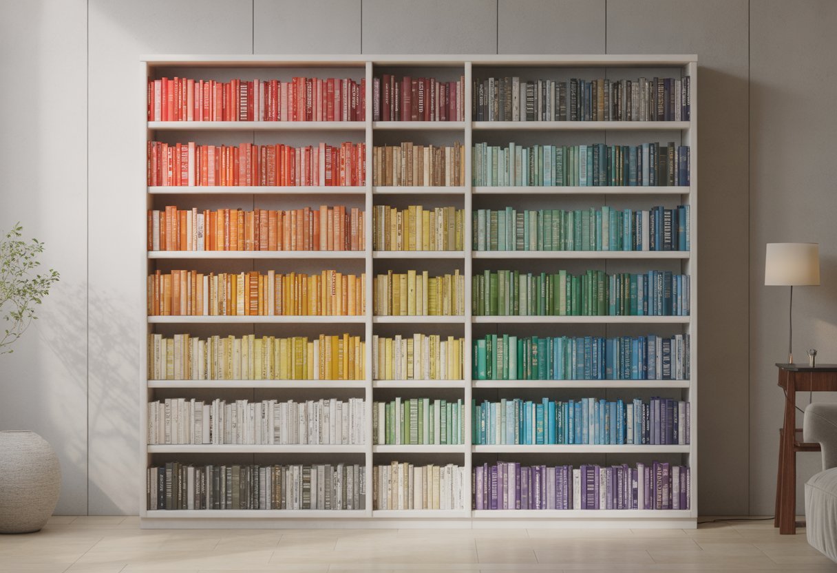 Estante organizada com livros agrupados por cores em um ambiente de decoração simples e arrumada.