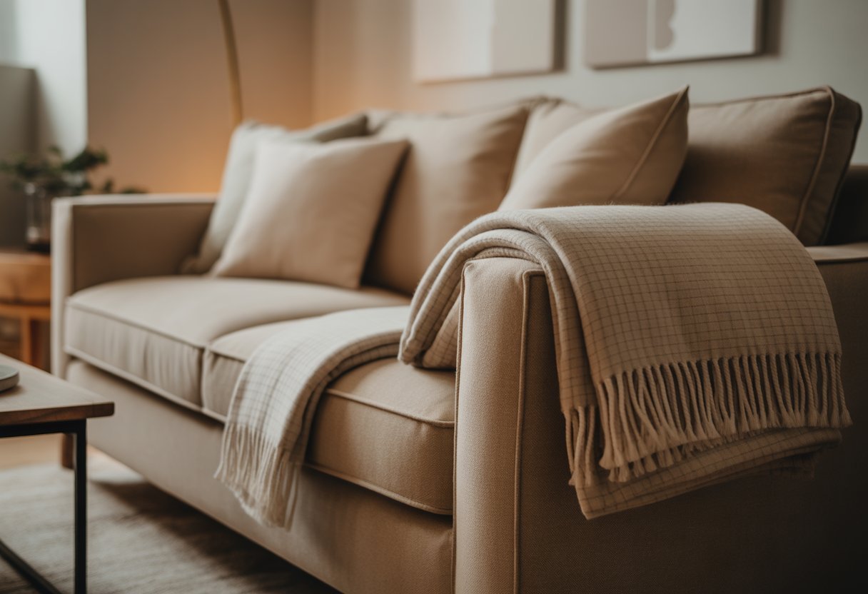 Sala de estar aconchegante com sofá e mantas dobradas sobre ele.