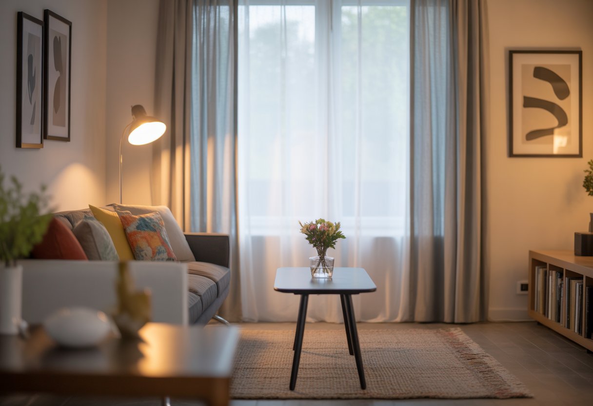Sala de estar iluminada com sofá, almofadas coloridas, mesa de centro com vaso de flores e janela grande com cortinas transparentes.