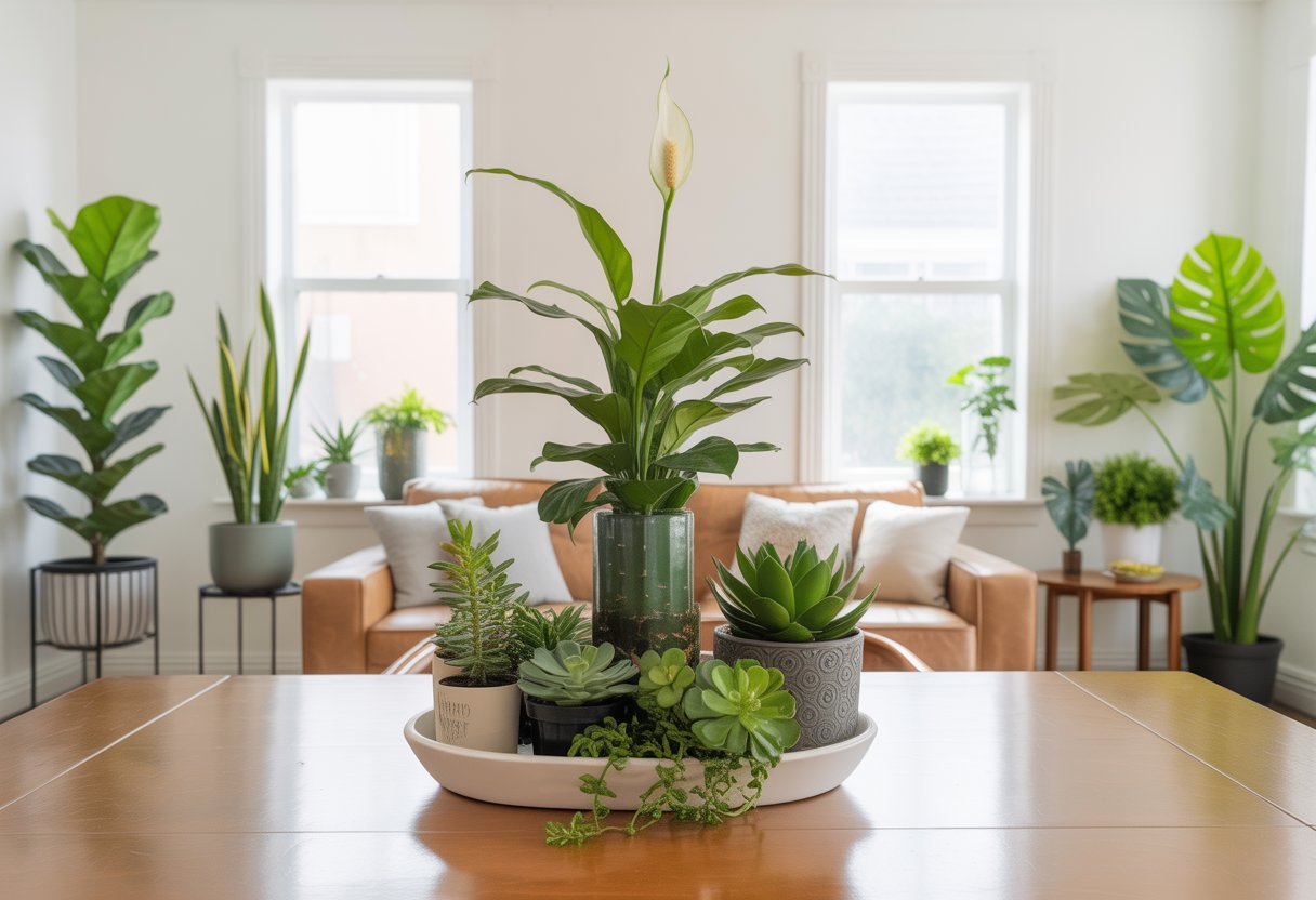 Sala de estar e sala de jantar com várias plantas verdes saudáveis em vasos decorativos, criando um ambiente acolhedor e harmonioso.