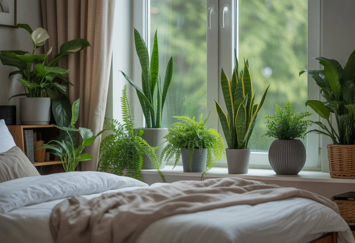 Quarto aconchegante com várias plantas verdes em vasos espalhadas pelo ambiente, incluindo mesas laterais e janelas, transmitindo sensação de relaxamento e bem-estar.