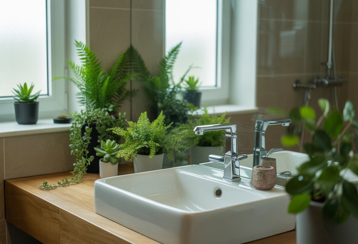 Banheiro moderno e lavabo com plantas verdes variadas em vasos sobre a bancada e ao redor da pia, iluminados por luz natural.