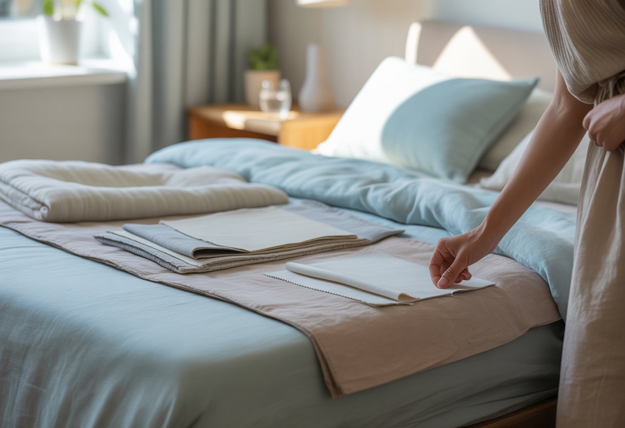 Quarto iluminado com cama arrumada e amostras de tecidos leves sobre o lençol, com uma mão tocando um tecido, transmitindo conforto e frescor para dormir no verão.