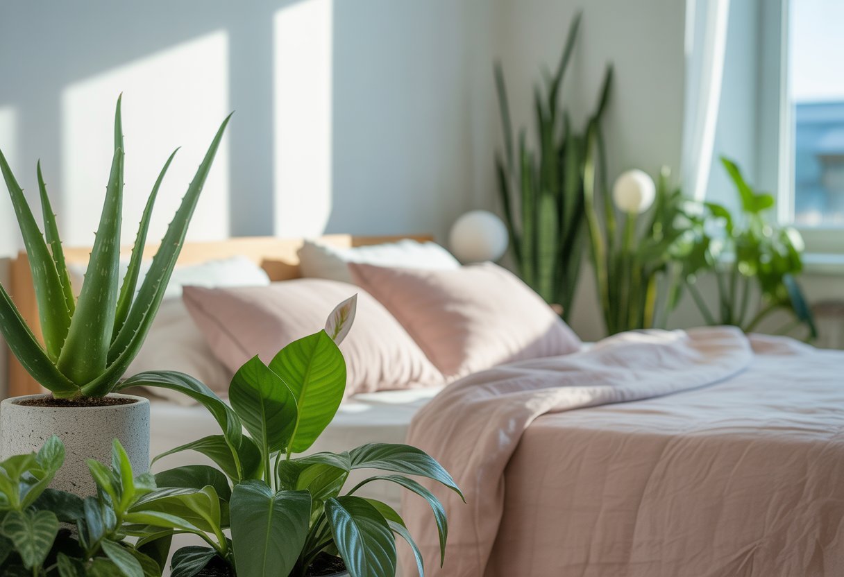 Quarto arejado com plantas verdes ao lado da cama, iluminado por luz natural, transmitindo sensação de frescor e tranquilidade para dormir bem no verão.