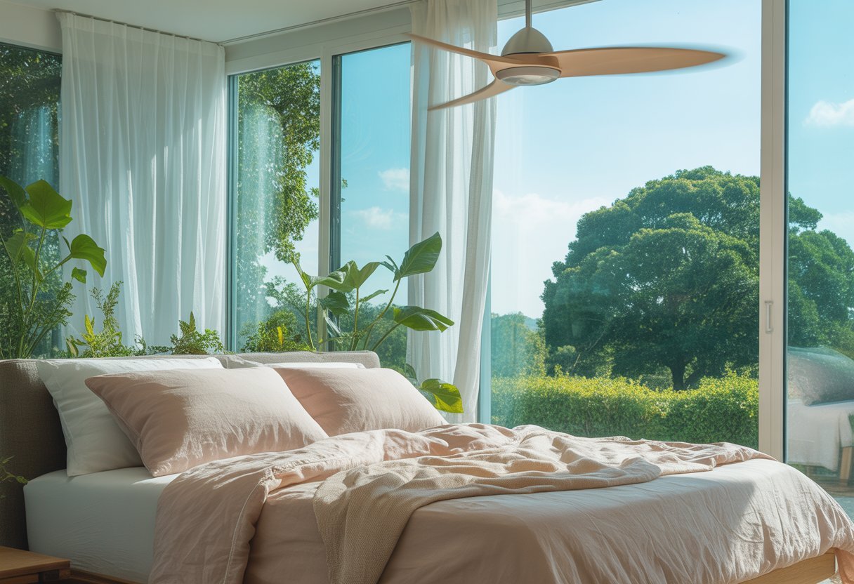 Quarto claro e arejado com janelas abertas, cortinas brancas esvoaçantes, ventilador de teto ligado e cama com roupas de cama leves, transmitindo uma sensação de frescor para dormir bem no verão.