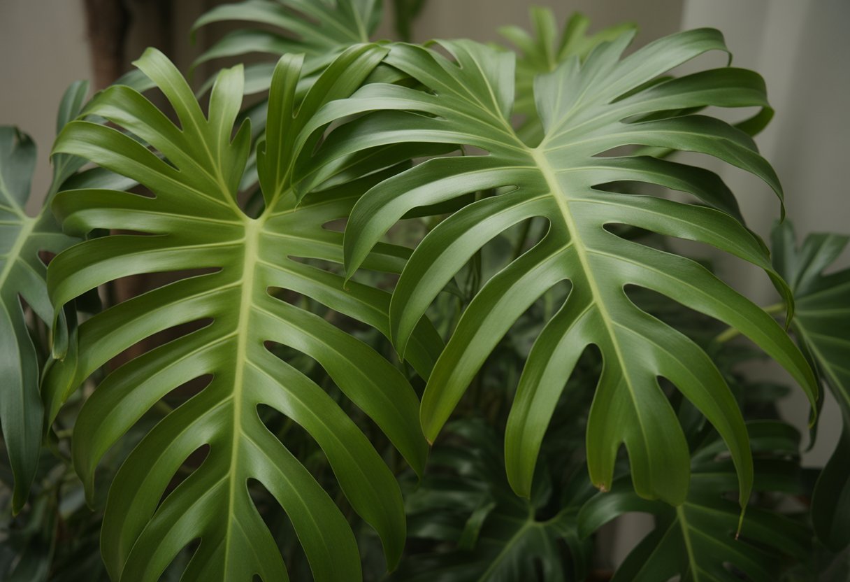 Folhas verdes recortadas e detalhadas de um filodendro xanadu em close-up.