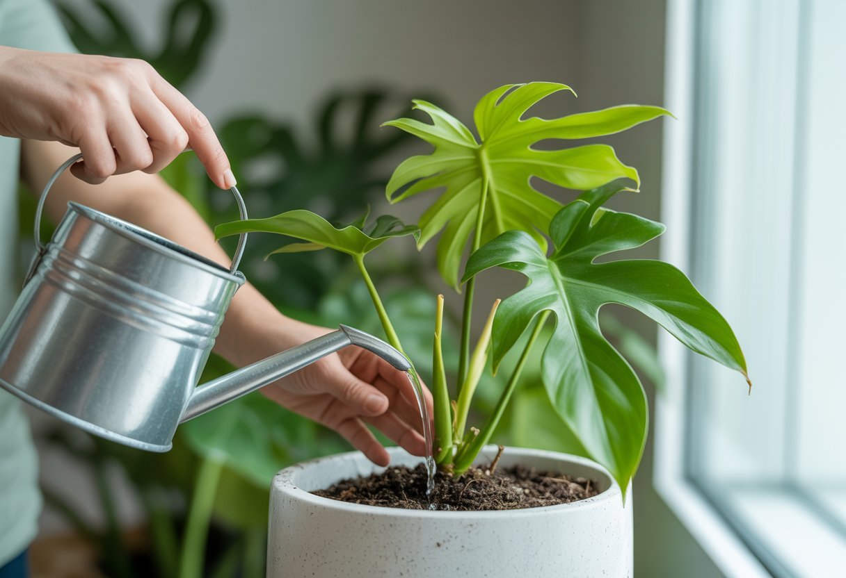 Mãos regando uma planta Philodendron Xanadu com solo escuro e saudável em um ambiente interno iluminado pela luz natural.