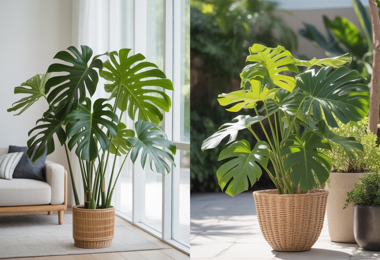 Planta filodendro xanadu em ambiente interno iluminado e em área externa com luz natural, mostrando suas folhas verdes e recortadas.