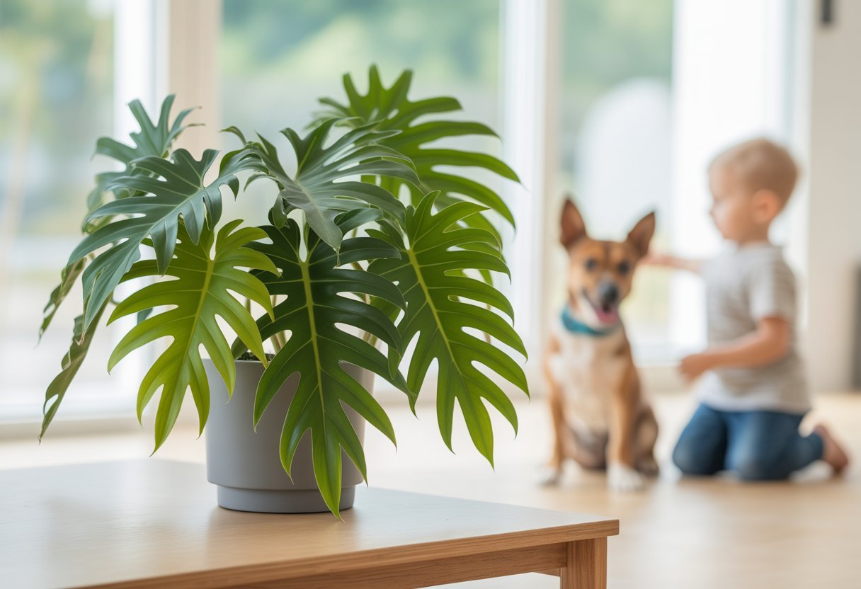 Planta Philodendron Xanadu em uma sala com uma criança pequena e um cachorro ao fundo.