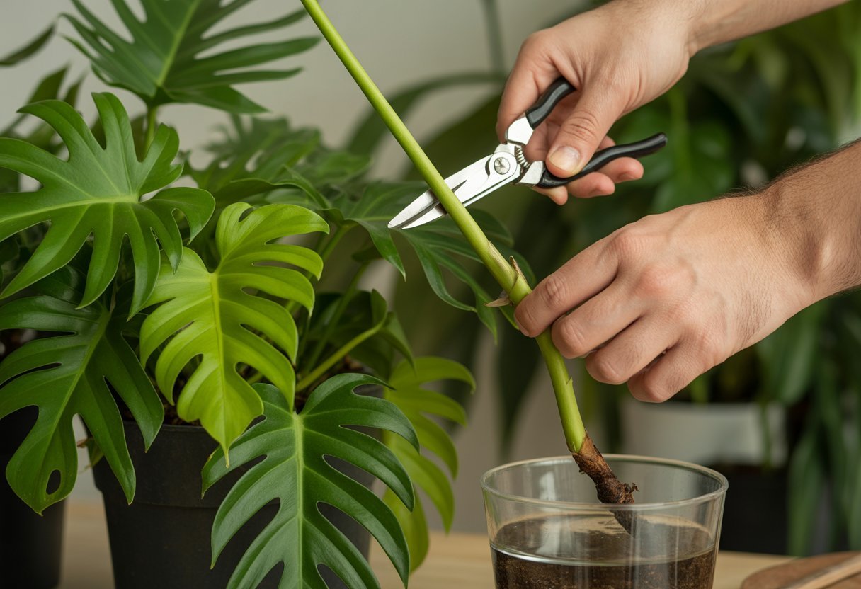 Mãos cortando um ramo saudável de filodendro xanadu para propagação, com folhas verdes e brilhantes ao redor.