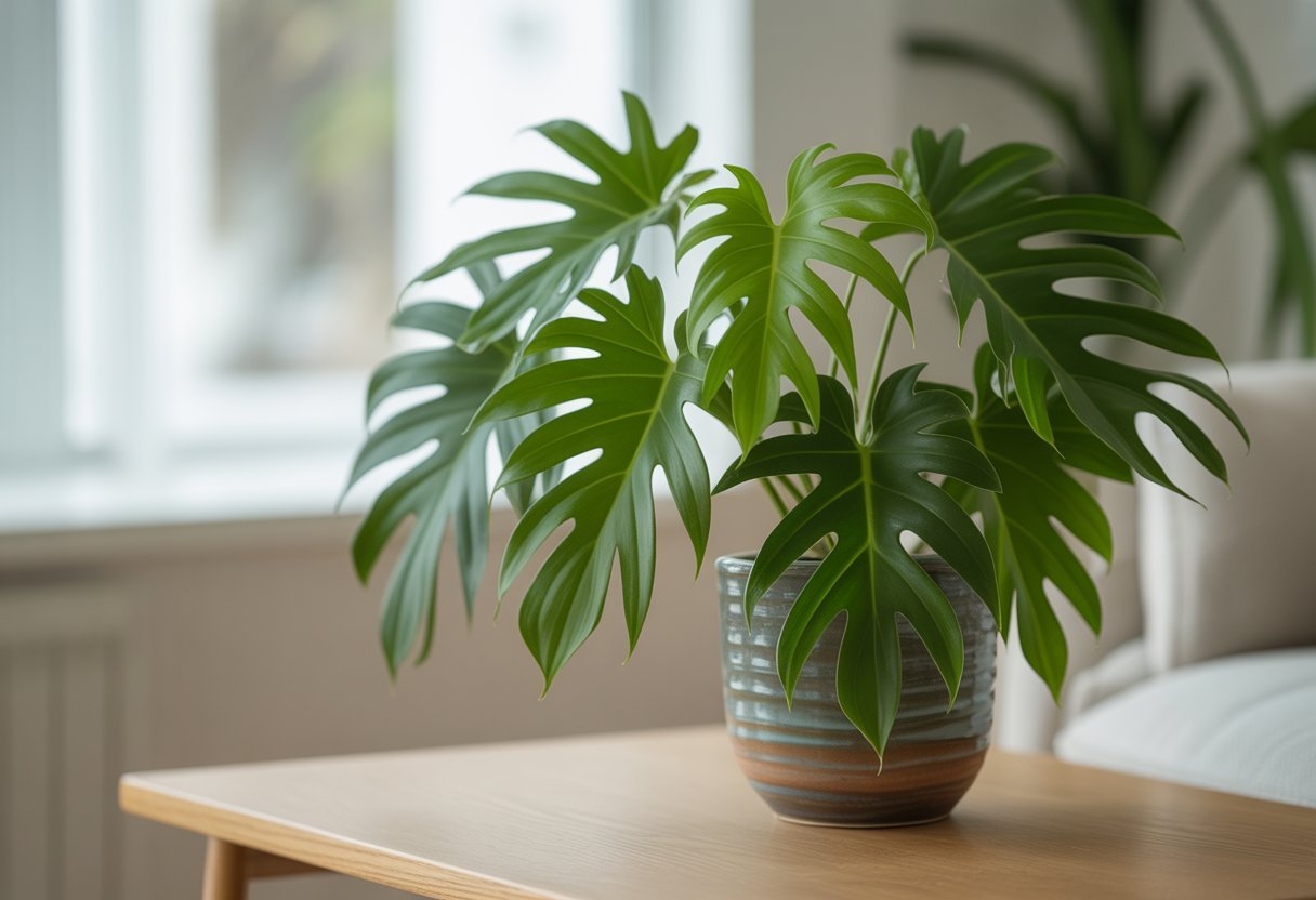 Planta Philodendron Xanadu saudável em vaso sobre mesa de madeira perto de janela com luz natural.
