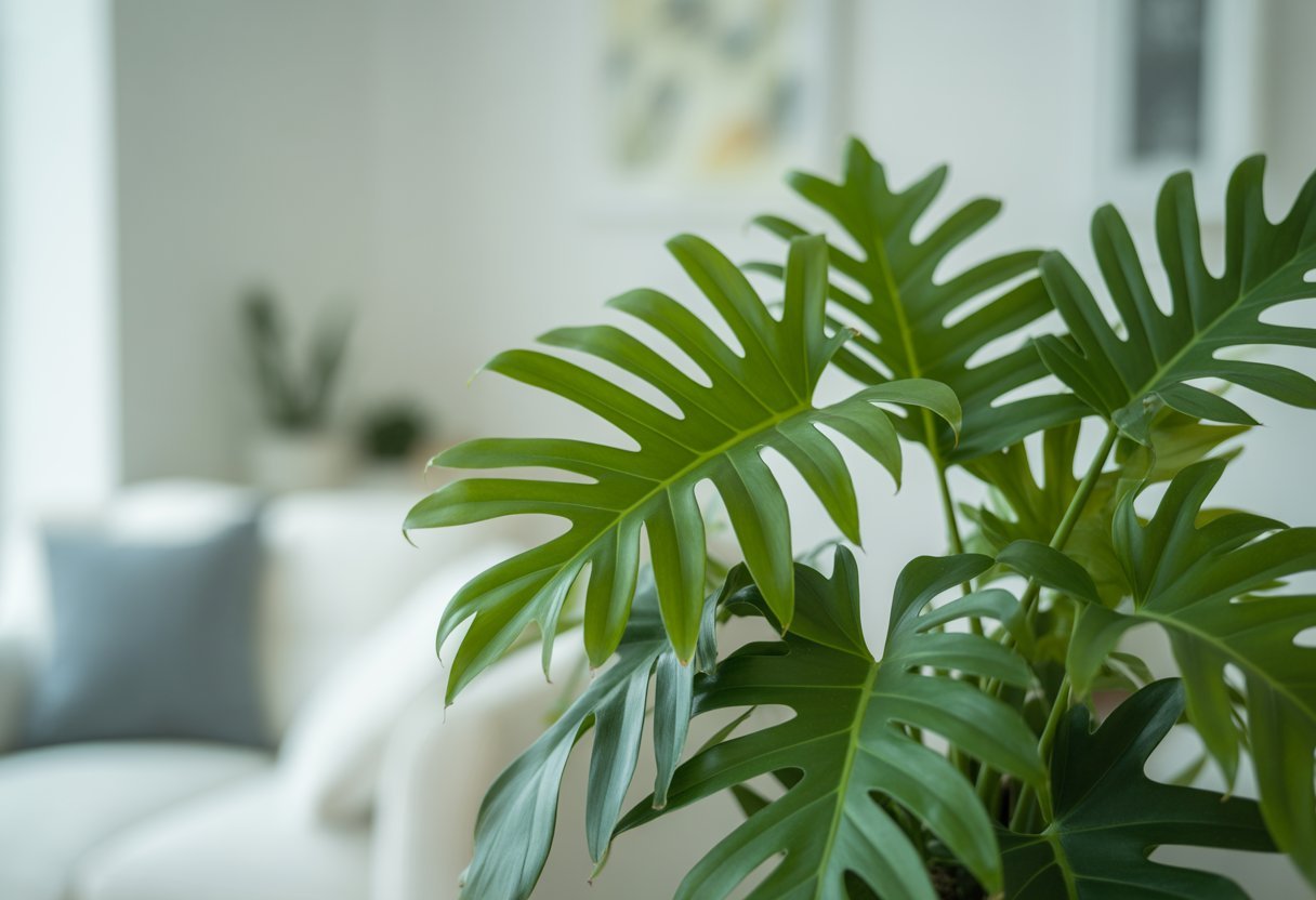 Planta Philodendron Xanadu saudável em ambiente interno moderno com folhas verdes vibrantes.
