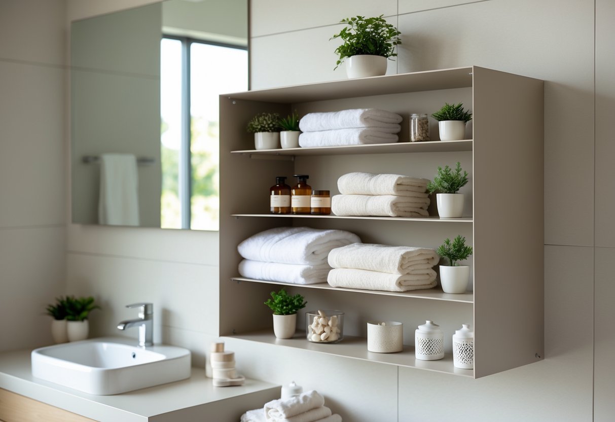 Banheiro pequeno com armário suspenso de prateleiras abertas contendo toalhas e itens organizados.
