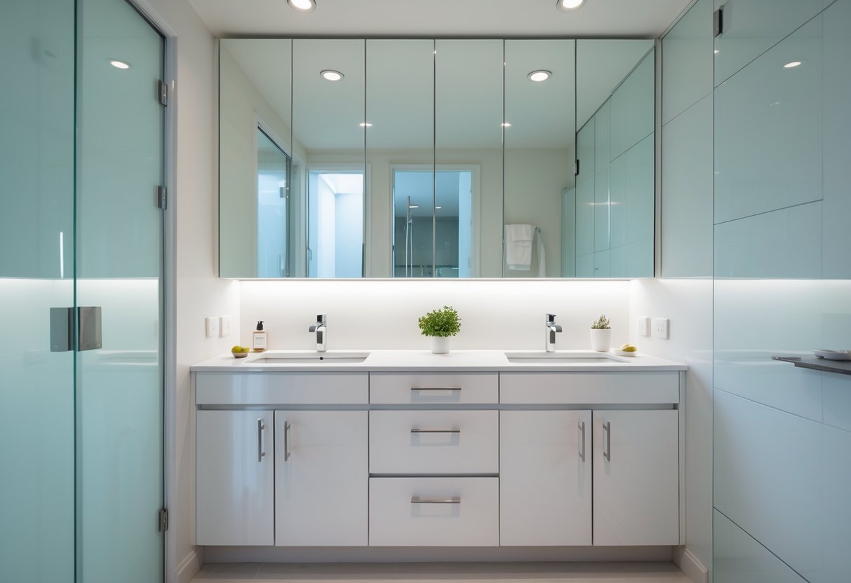 Banheiro pequeno com armários planejados e portas com espelho que ampliam visualmente o ambiente.