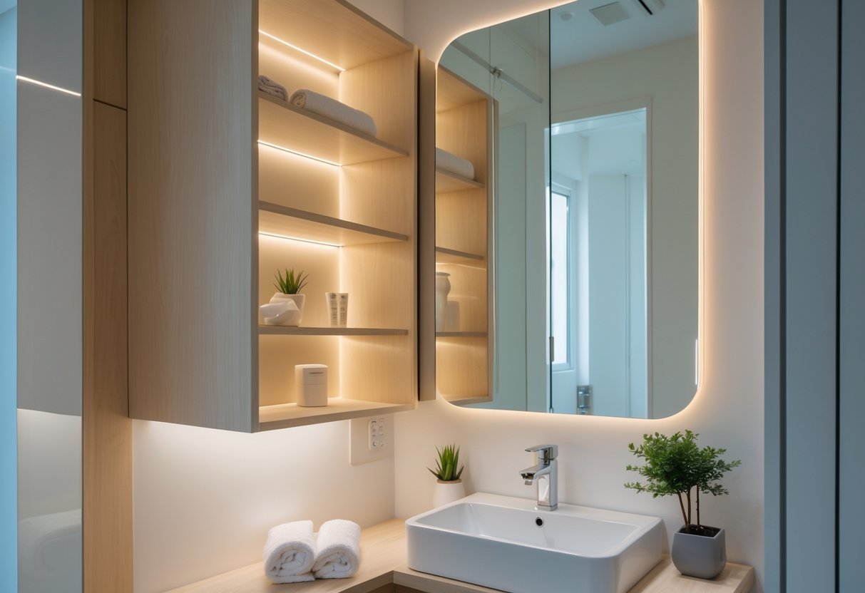 Banheiro pequeno com armário planejado de madeira clara e iluminação LED embutida, pia pequena e decoração simples.