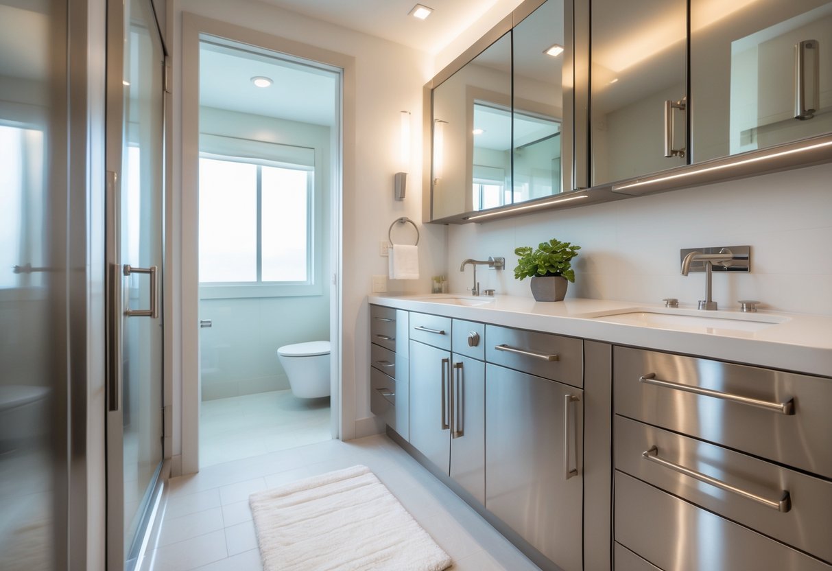 Banheiro pequeno com armários planejados e detalhes em aço inox.