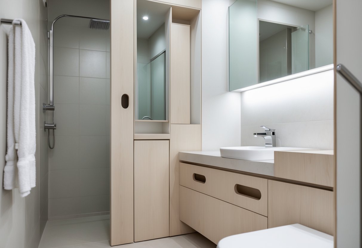 Banheiro pequeno com armário planejado e puxadores embutidos para otimizar espaço.