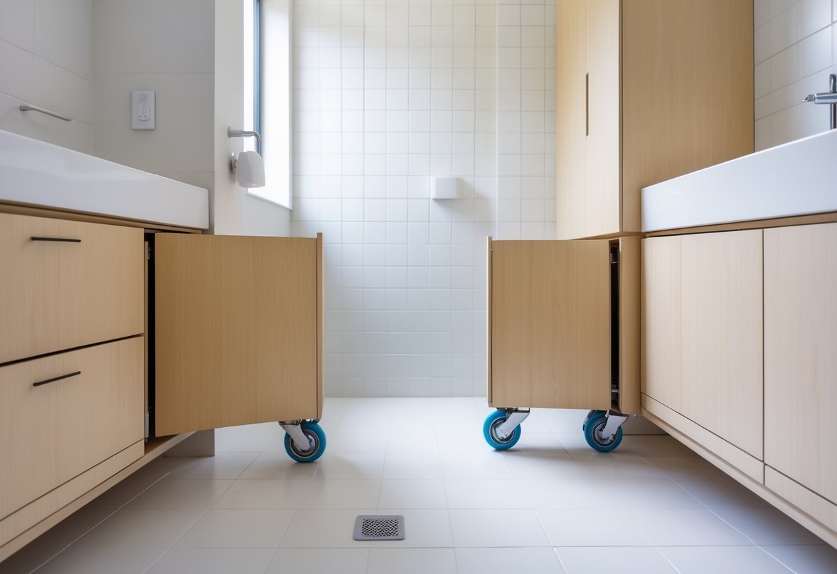 Banheiro pequeno com armários planejados em madeira clara montados em rodízios, facilitando a limpeza do ambiente.