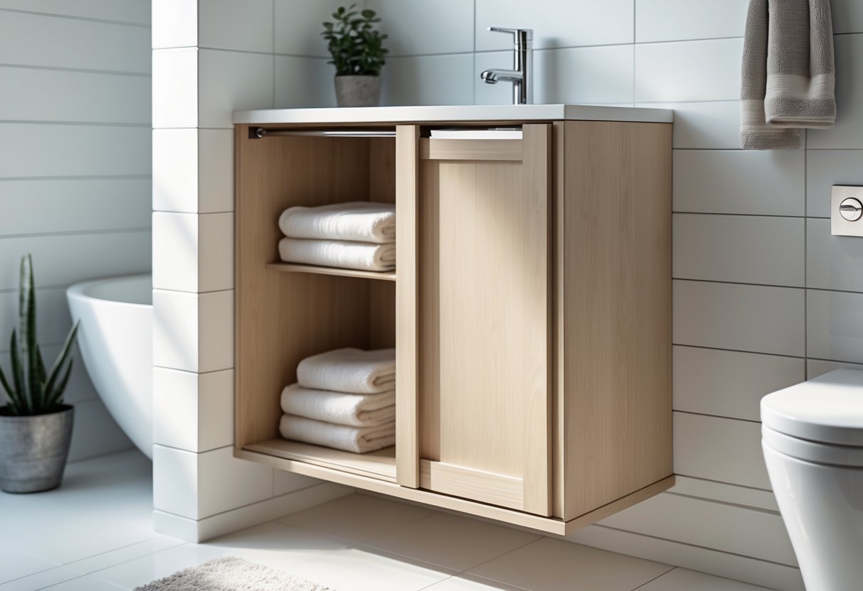 Banheiro compacto com armário planejado de portas de correr, pia pequena e decoração simples.