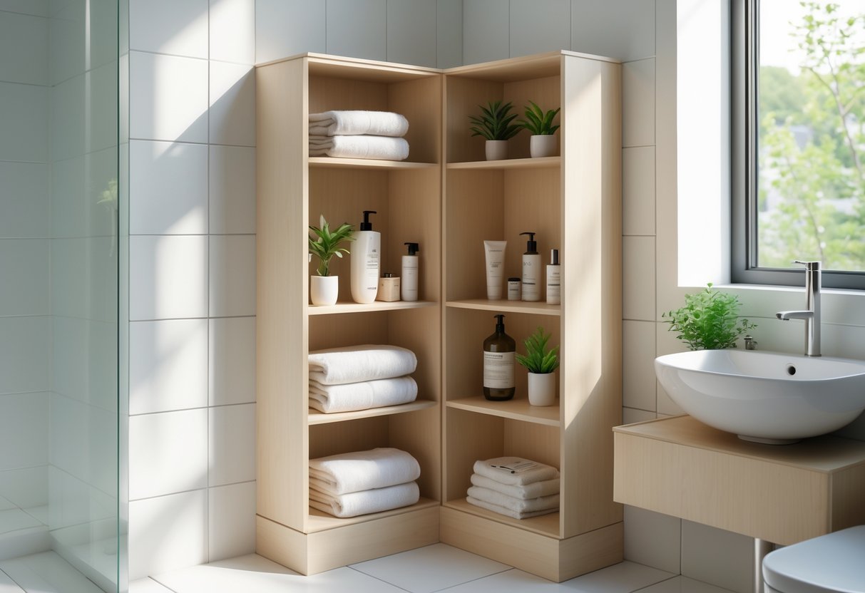 Banheiro pequeno com armário de canto planejado aproveitando totalmente o espaço, com prateleiras organizadas e itens de banheiro.