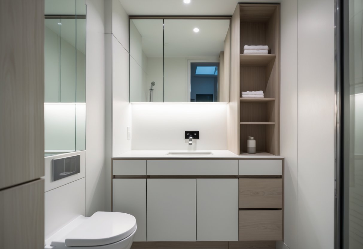 Banheiro pequeno com armários planejados de acabamento fosco e design moderno, organizado e funcional.