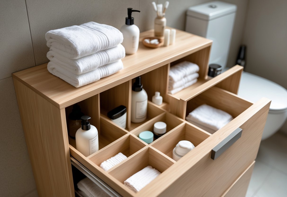 Armário de banheiro pequeno com divisórias internas organizando itens de higiene pessoal.