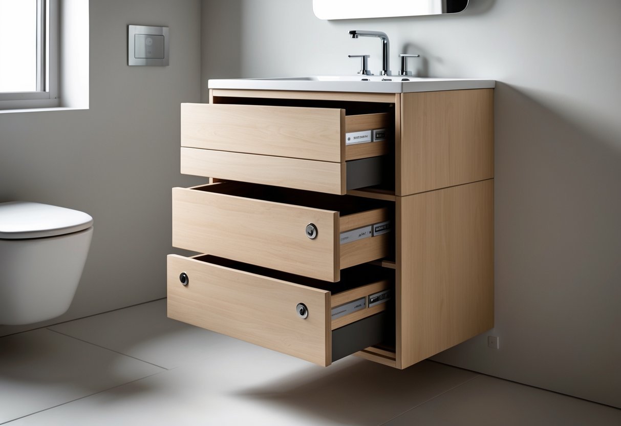 Banheiro pequeno com armário planejado de madeira clara com gavetas com trava contra abertura acidental, pia com torneira cromada e espelho pequeno.