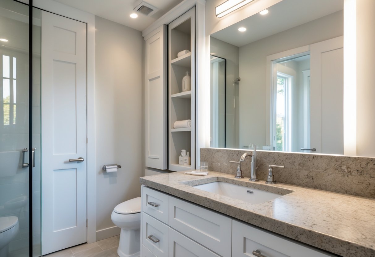 Banheiro pequeno com armários planejados e bancada de pedra natural, mostrando organização e aproveitamento de espaço.