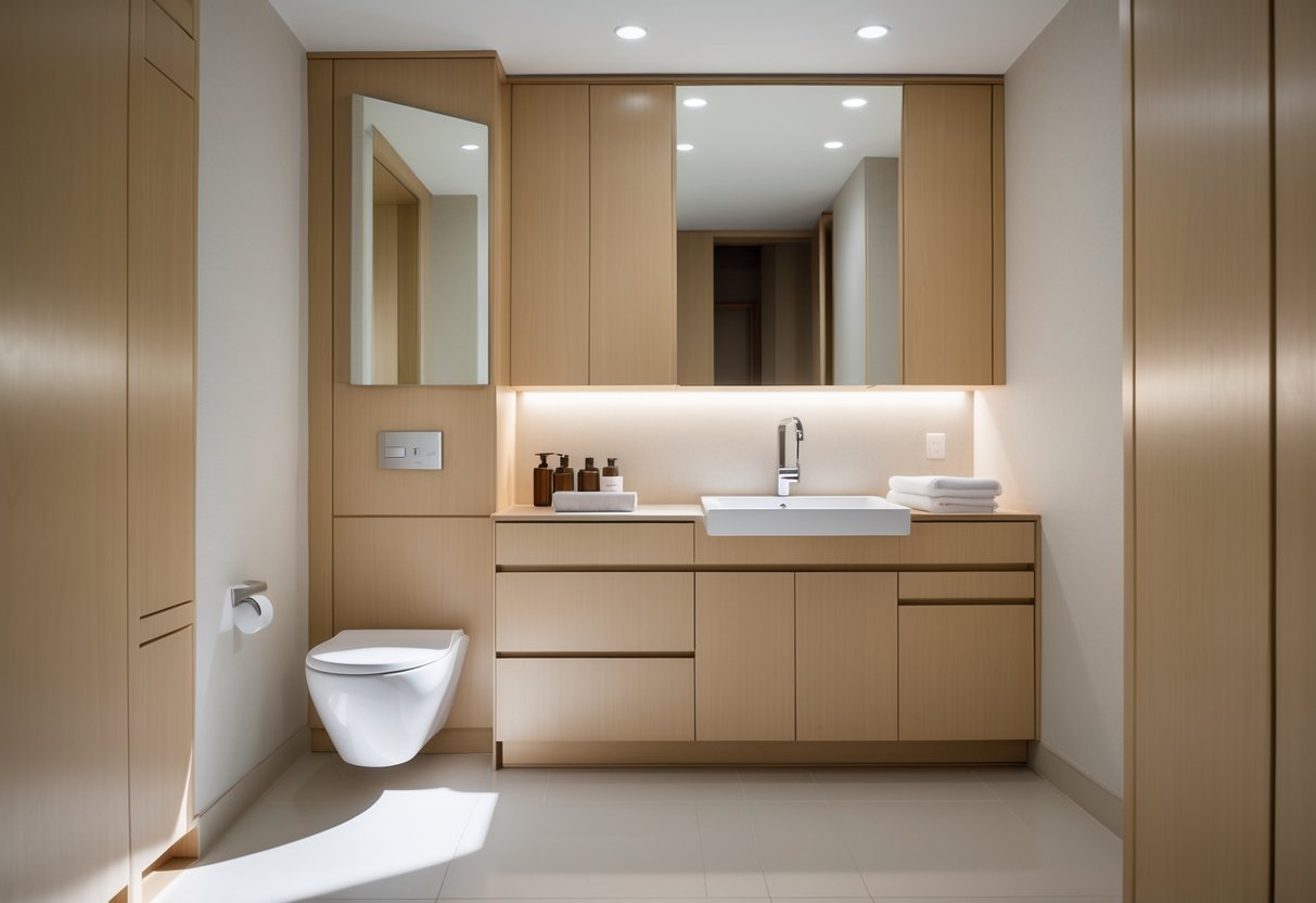 Banheiro pequeno com armários planejados de madeira clara, pia pequena, espelho e objetos organizados, mostrando aproveitamento eficiente do espaço.