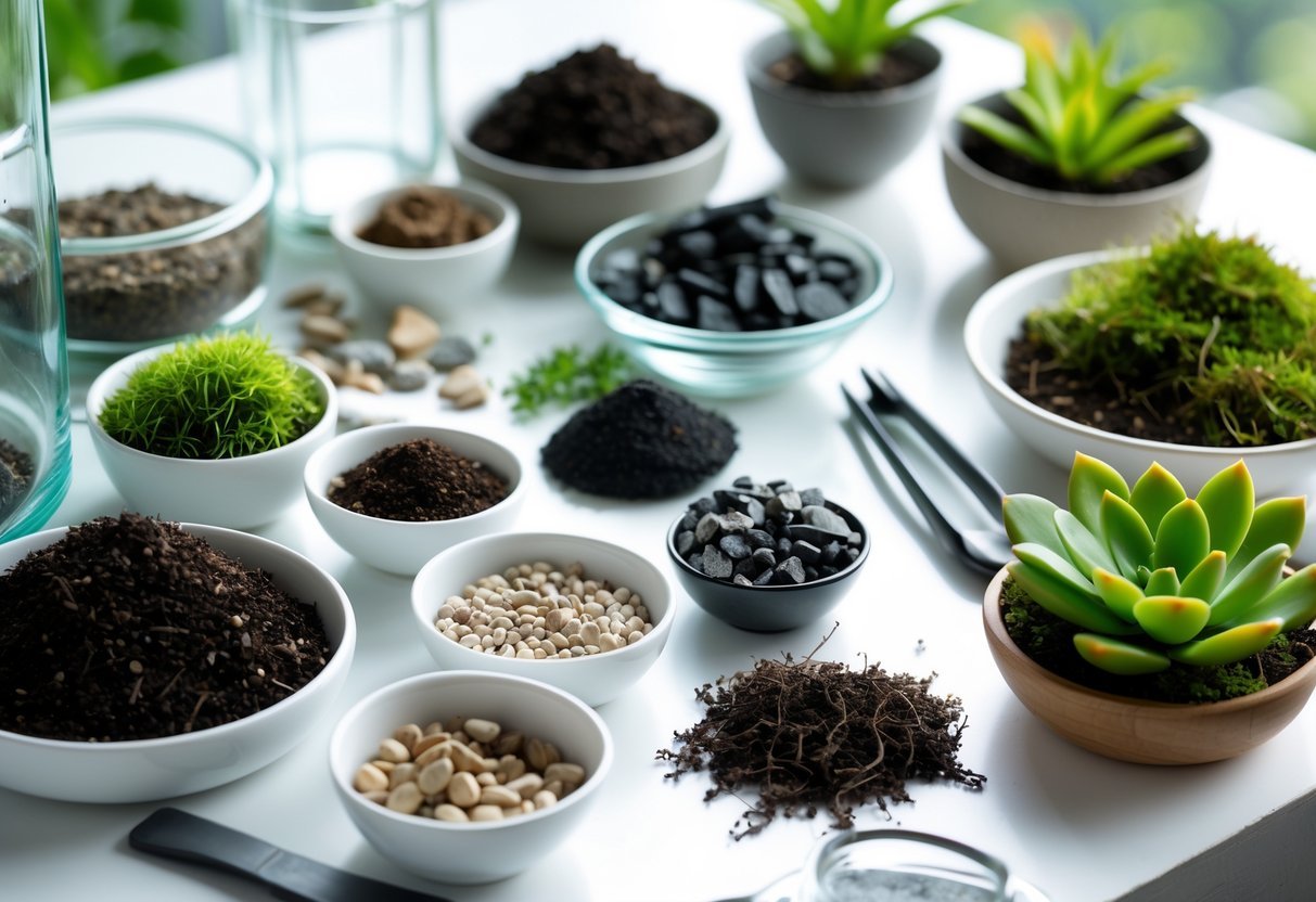 Materiais essenciais para montar um terrário organizados sobre uma superfície branca, incluindo vaso de vidro, solo, pedras, carvão ativado, musgo, suculentas e ferramentas de jardinagem.