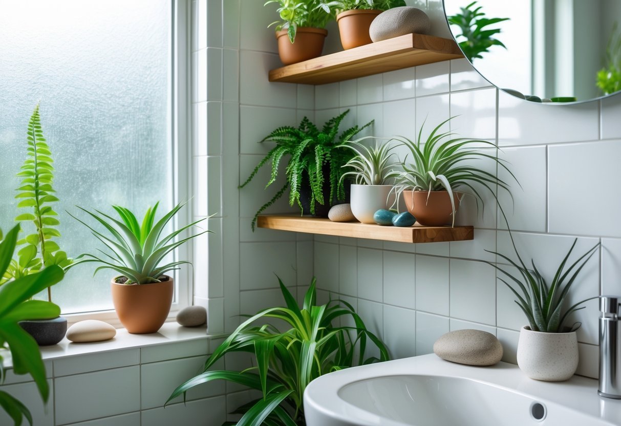 Banheiro pequeno com plantas verdes em prateleiras e janela, ambiente claro e organizado.