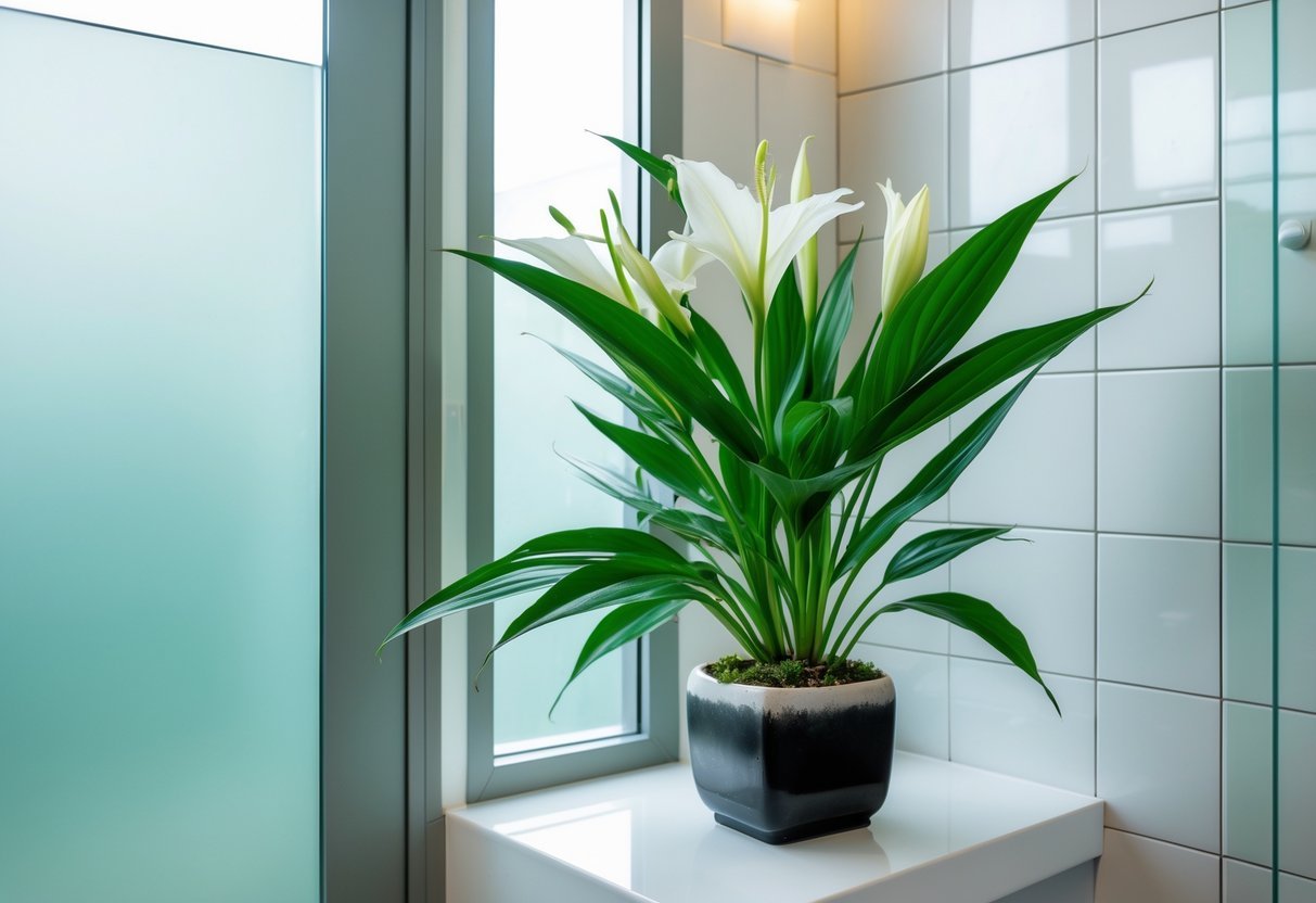 Banheiro pequeno com uma planta lírio-da-paz saudável em uma prateleira branca perto da janela.