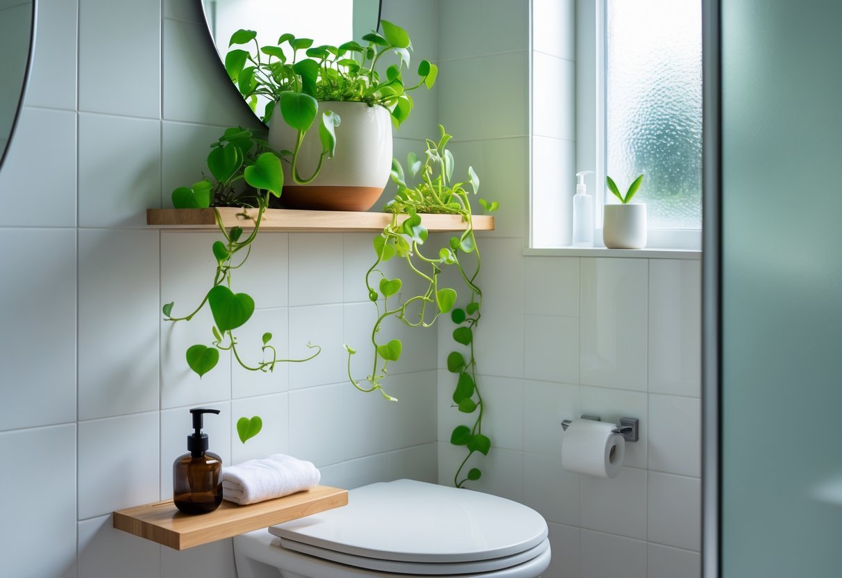 Banheiro pequeno com planta Jiboia em vaso sobre prateleira de madeira, luz natural entrando pela janela pequena.