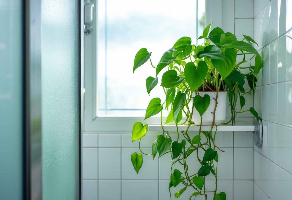 Banheiro pequeno com planta pothos verde em uma prateleira próxima à janela de vidro fosco.
