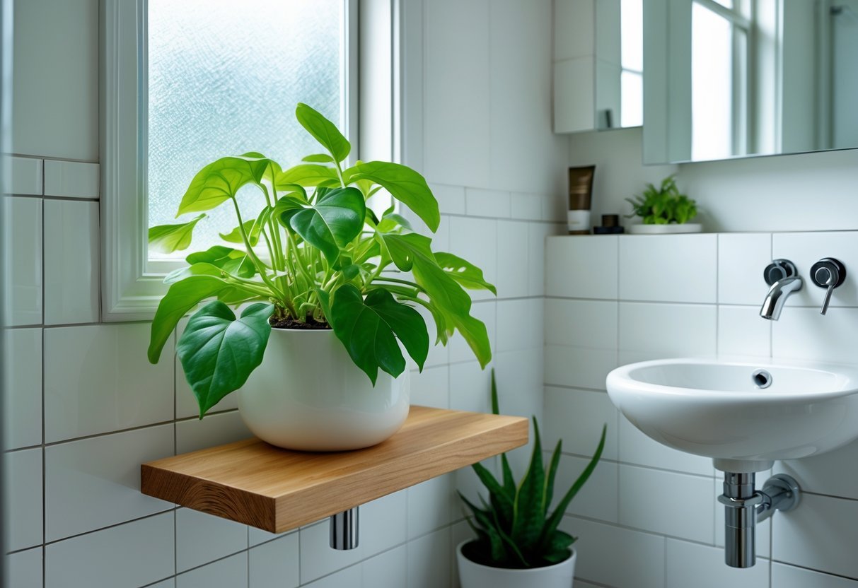 Banheiro pequeno com uma planta Clorofito em uma prateleira de madeira próxima a uma janela pequena, com paredes brancas e pia moderna.