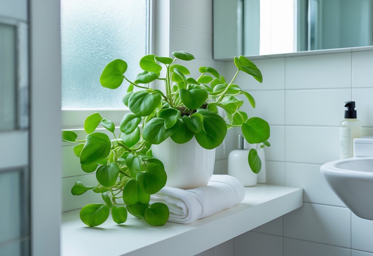 Banheiro pequeno com uma planta Peperômia saudável em uma prateleira moderna, iluminado por luz natural.