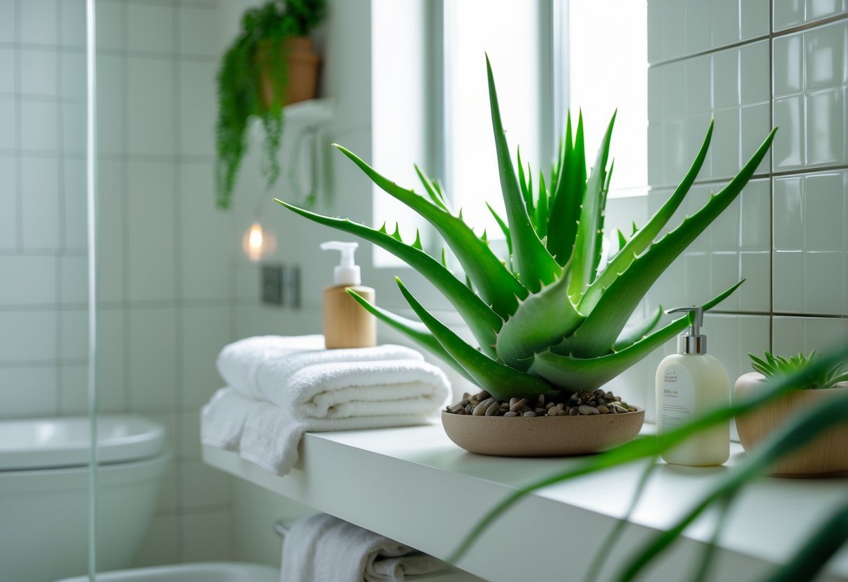Banheiro pequeno com uma planta de babosa em uma prateleira, com decoração simples e iluminação natural.