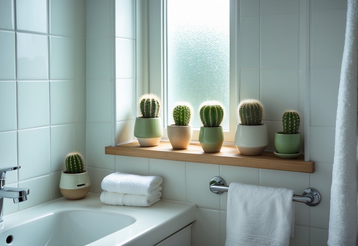 Banheiro pequeno com pequenos cactos em vasos decorativos sobre uma prateleira e no parapeito da janela.