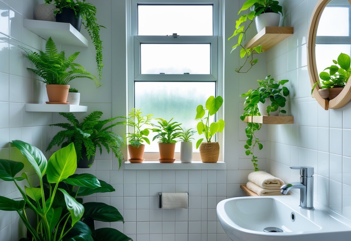 Banheiro pequeno com plantas verdes saudáveis em prateleiras e janela, criando um ambiente fresco e organizado.