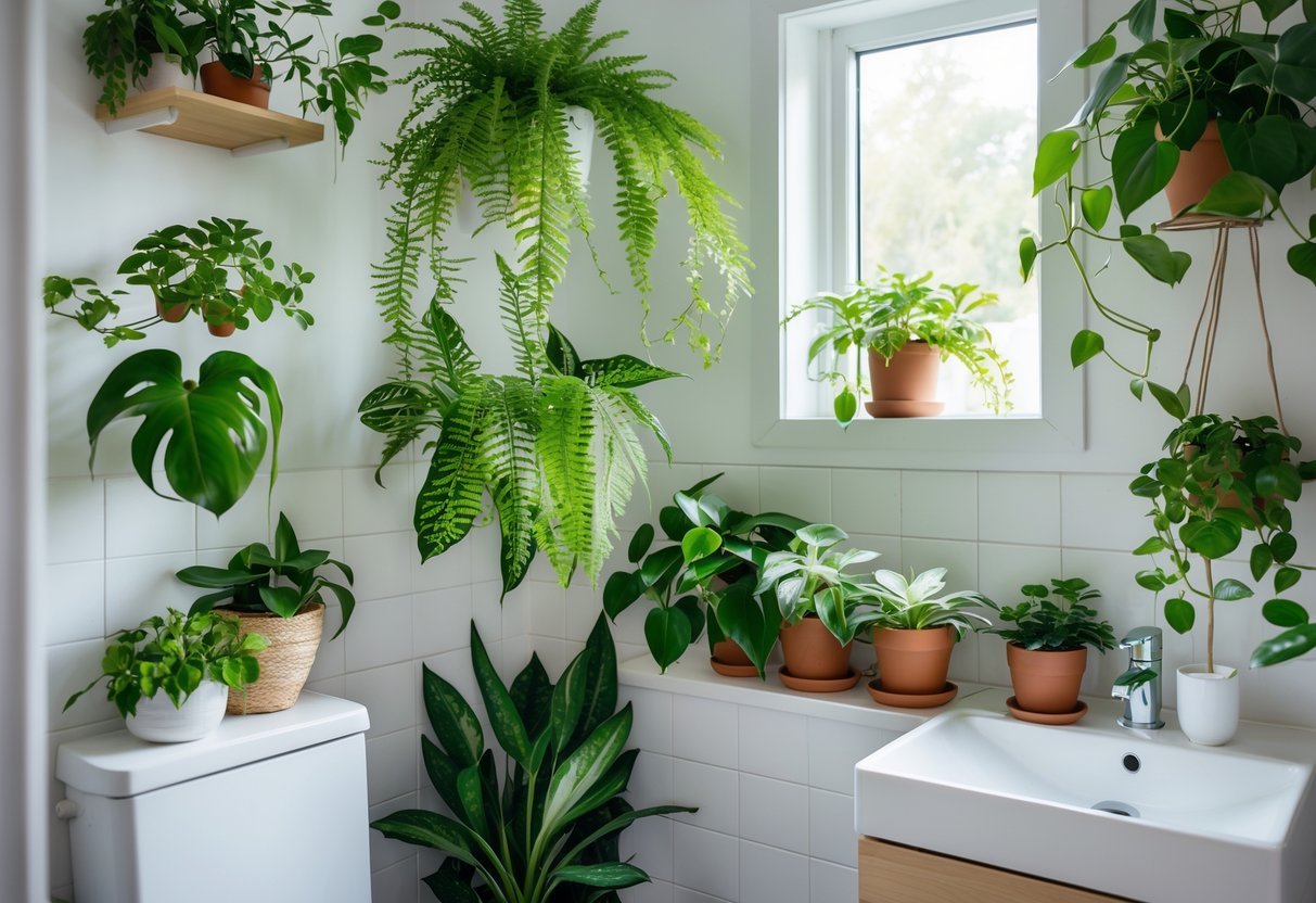 Banheiro pequeno com plantas verdes em prateleiras, vasos e penduradas, criando um ambiente fresco e acolhedor.
