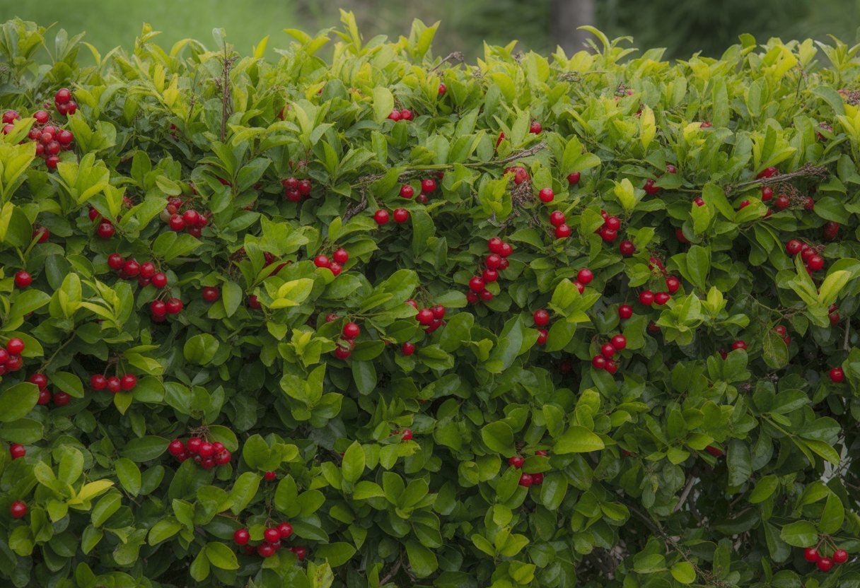 Uma cerca viva de pitangueira com folhas verdes e frutos vermelhos maduros em um ambiente ao ar livre.