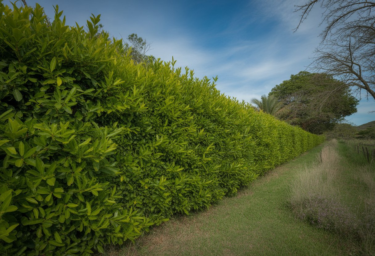Uma cerca viva verde e bem cuidada em um ambiente rural com árvores nativas e céu azul.