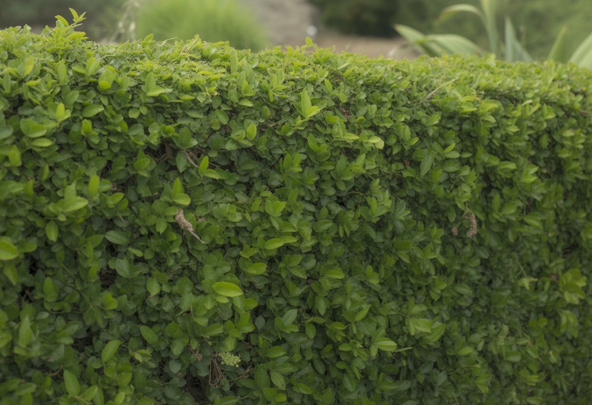 Uma cerca viva densa e verde feita com cipó-mil-homens, formando uma barreira natural ao ar livre.