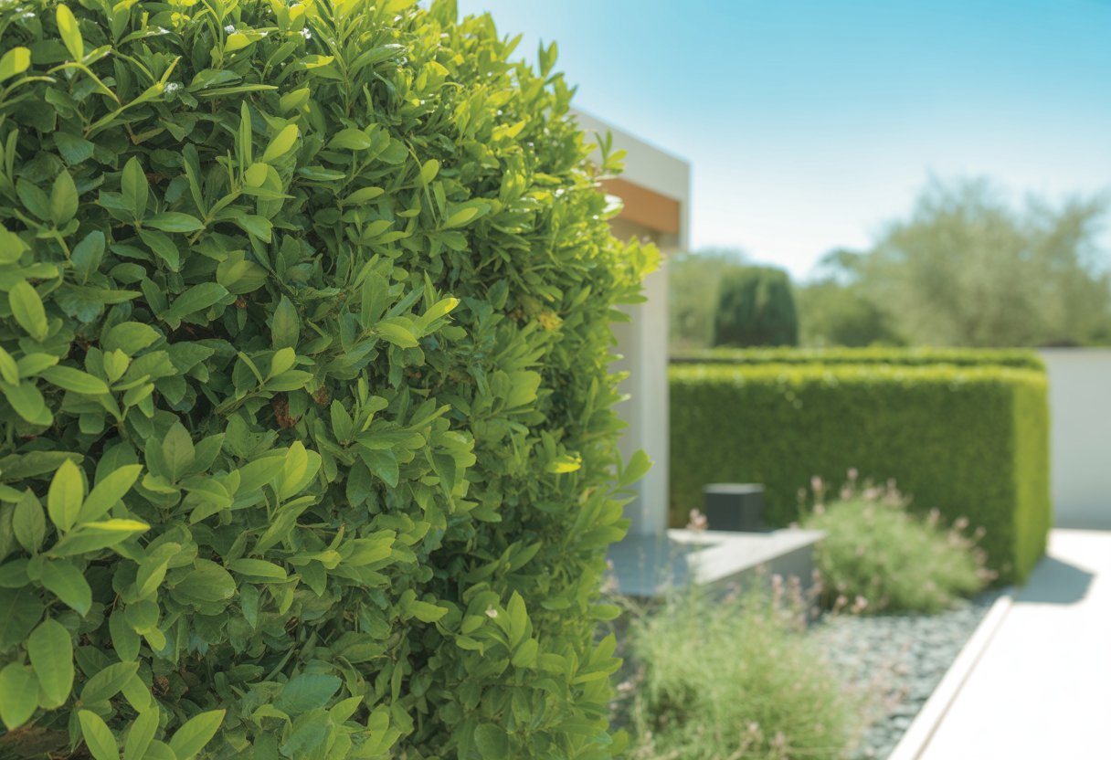 Uma cerca viva verde e bem cuidada formando uma cerca natural em frente a uma casa moderna sob um céu azul claro.