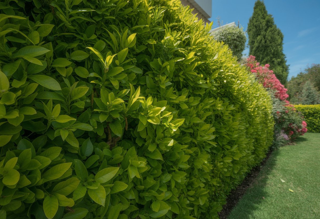 Cerca viva verde e bem cuidada ao longo de um jardim residencial com céu azul ao fundo.