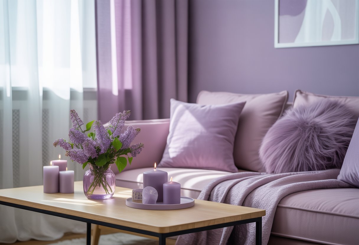 Canto de sala decorado com tons de lilás e roxo, com sofá, almofadas, mesa de centro com vaso de flores e cortinas brancas ao fundo.
