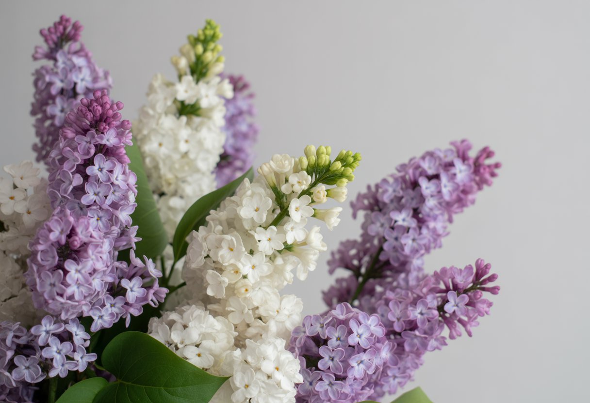 Arranjo delicado de flores lilás e brancas em fundo claro, transmitindo suavidade e harmonia.