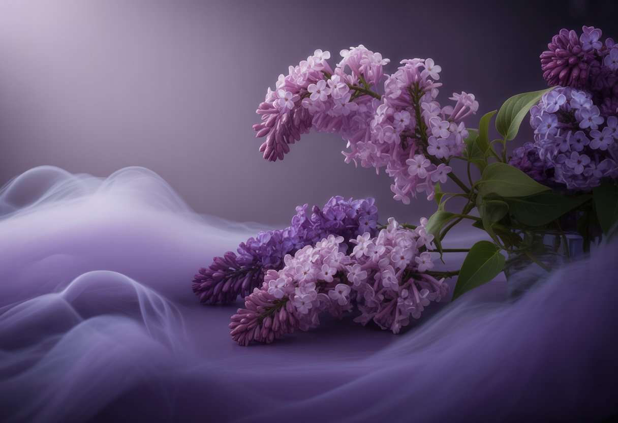 Flores lilás e roxas delicadas com névoa suave ao fundo, transmitindo uma sensação de paz e mistério.
