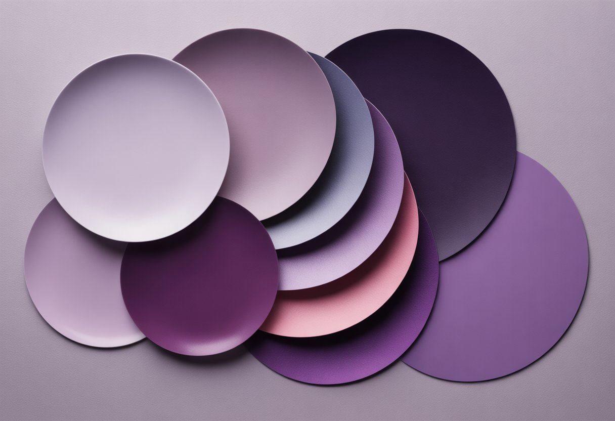 Paleta de cores com diferentes tons de lilás e roxo dispostos de forma organizada sobre um fundo neutro.